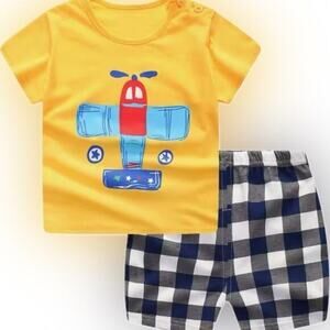 New Airplane T-Shirt and Checkered Shorts Set 2-3 T